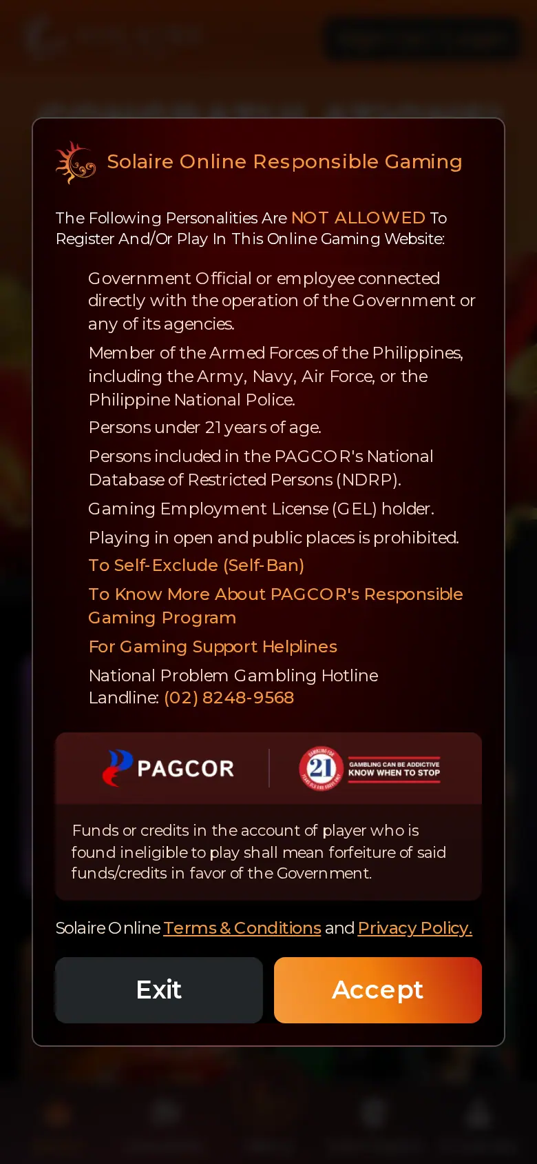 Website ng Solaire Online sa mobile, kinuha Okt 24, 2026