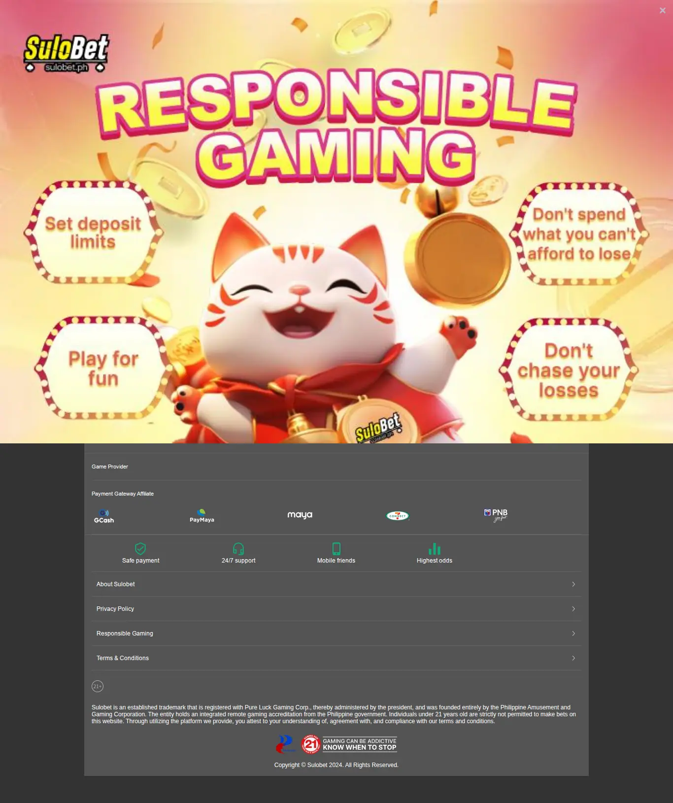 Homepage ng website ng Sulobet sa desktop, buong pahina, kinuha Okt 24, 2026