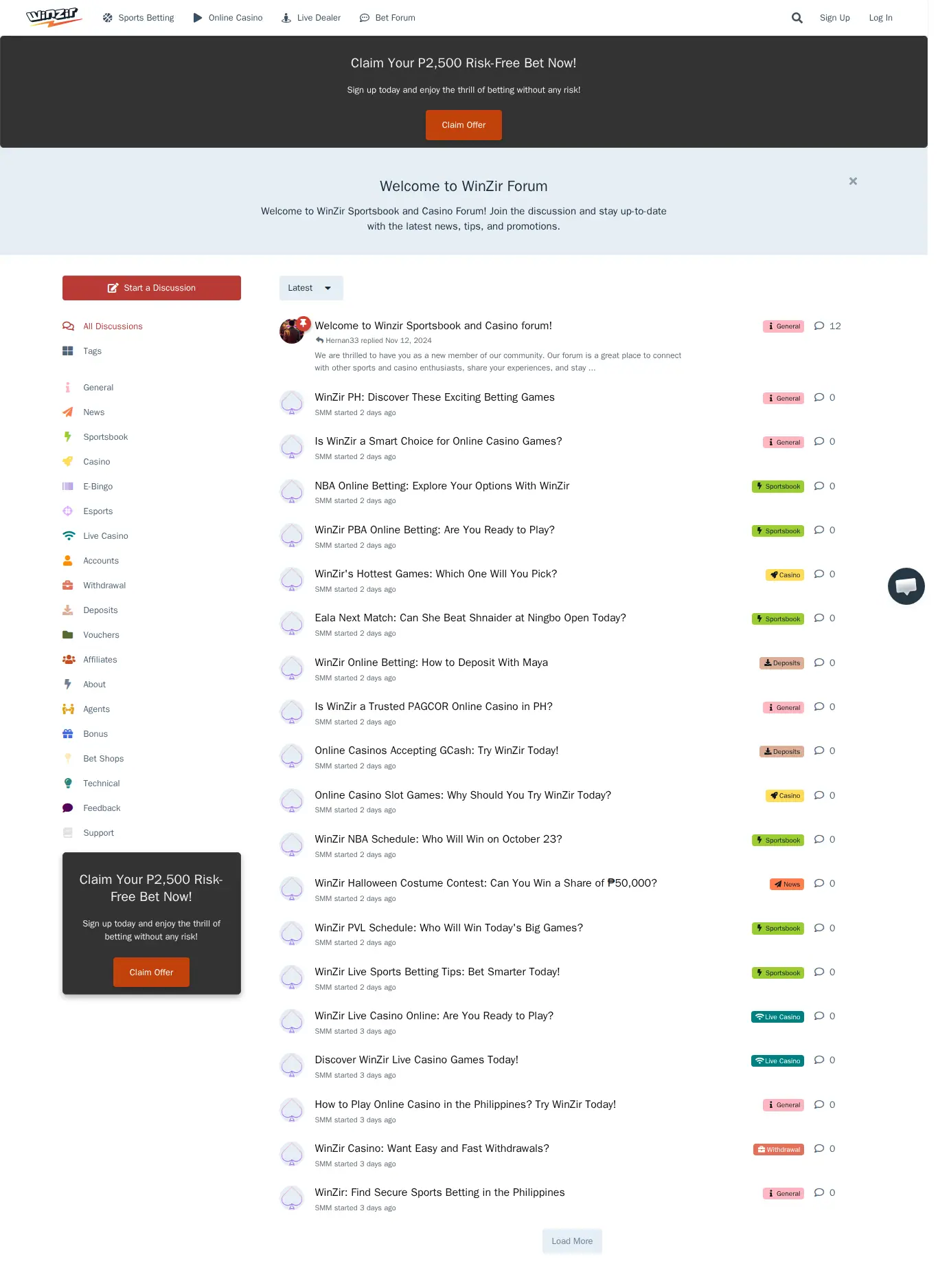 WinZir Forum website homepage on desktop, full page, captured Oct 24, 2026