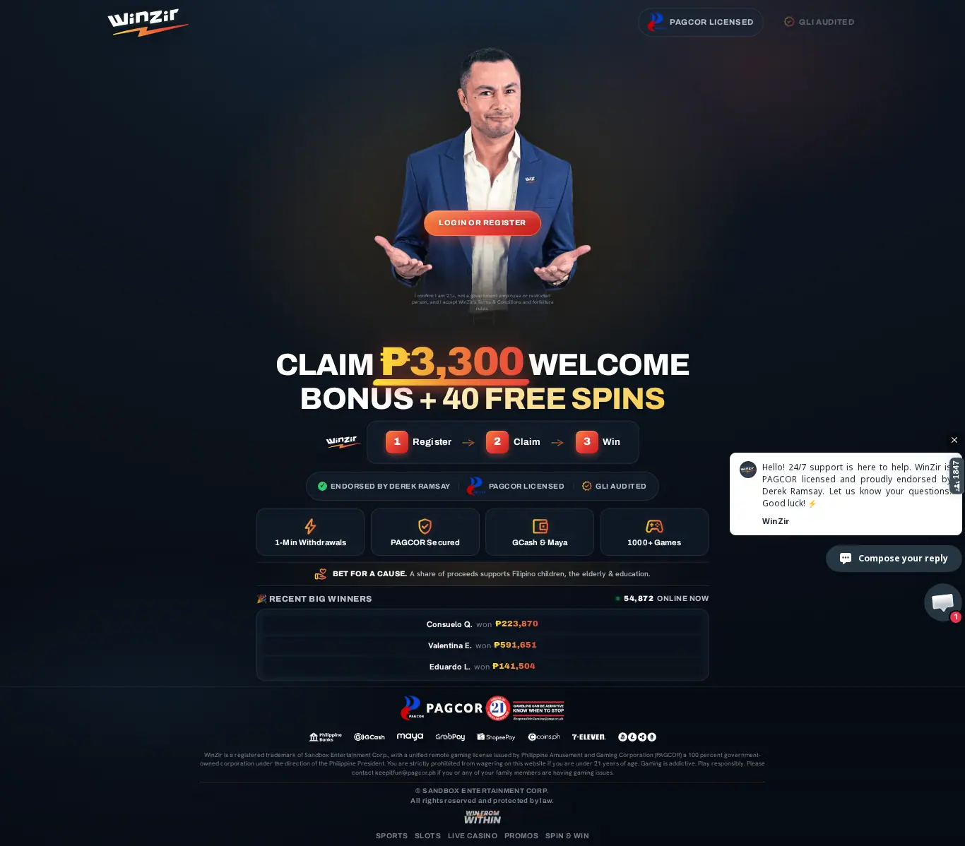 WinZir Online Casino & Sportsbook website homepage on desktop, full page, captured Oct 24, 2026