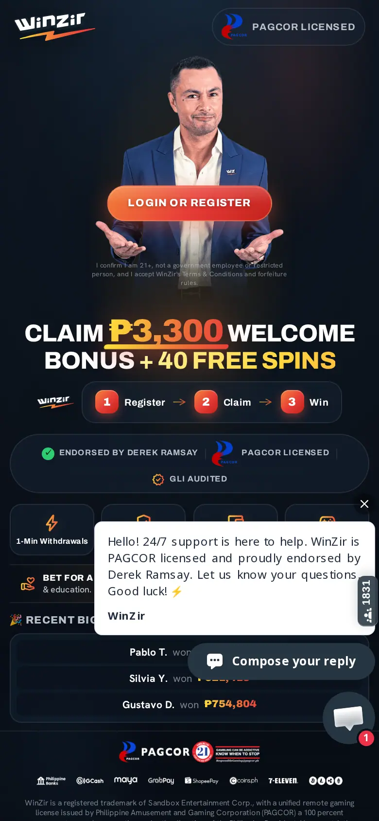 WinZir Online Casino & Sportsbook website on mobile, captured Oct 24, 2026